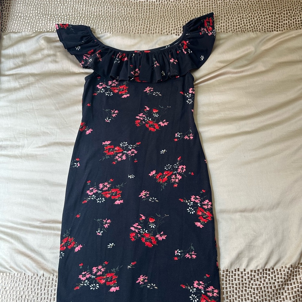 Rebecca Taylor Black Floral Off the Shoulder Mini Dress with top ruffle size M
